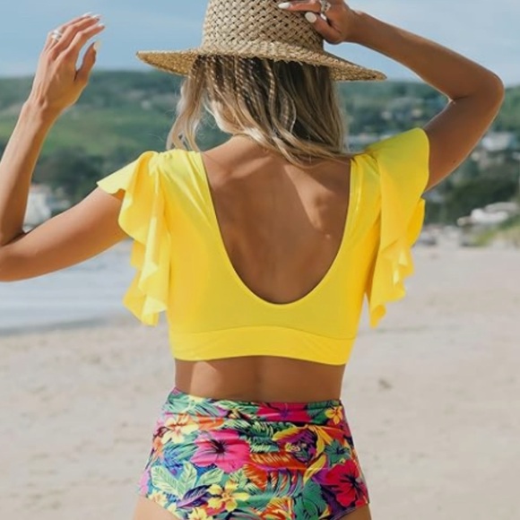 SPORLIKE Women High Waisted Swimsuit Flounce Straps Bikini Bathing Suit * NWOT - Picture 3 of 8